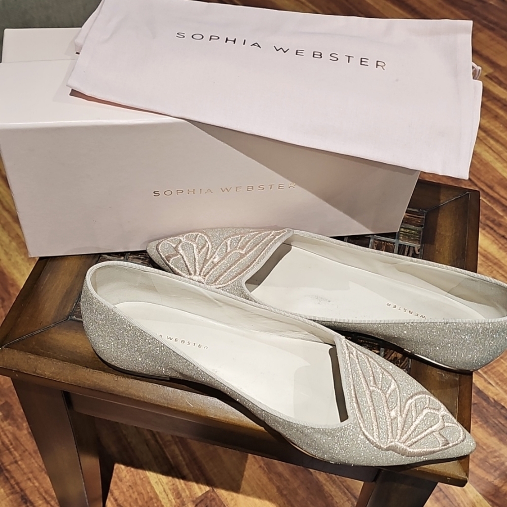 Sophia Webster Glittering Silver Flats Butterfly Style Beige Size 40 1/2